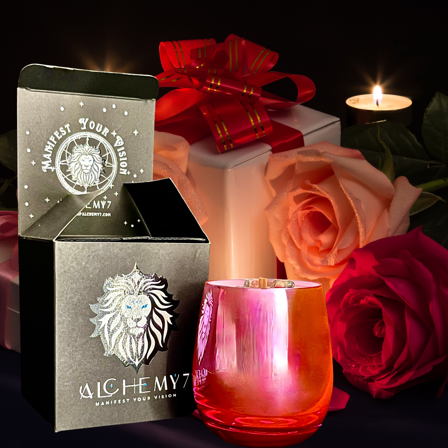 ALCHEMY7 | Aphrodite 12 oz Candle: Rose &amp; Patchouli Aromatherapy with Rhodonite Crystals